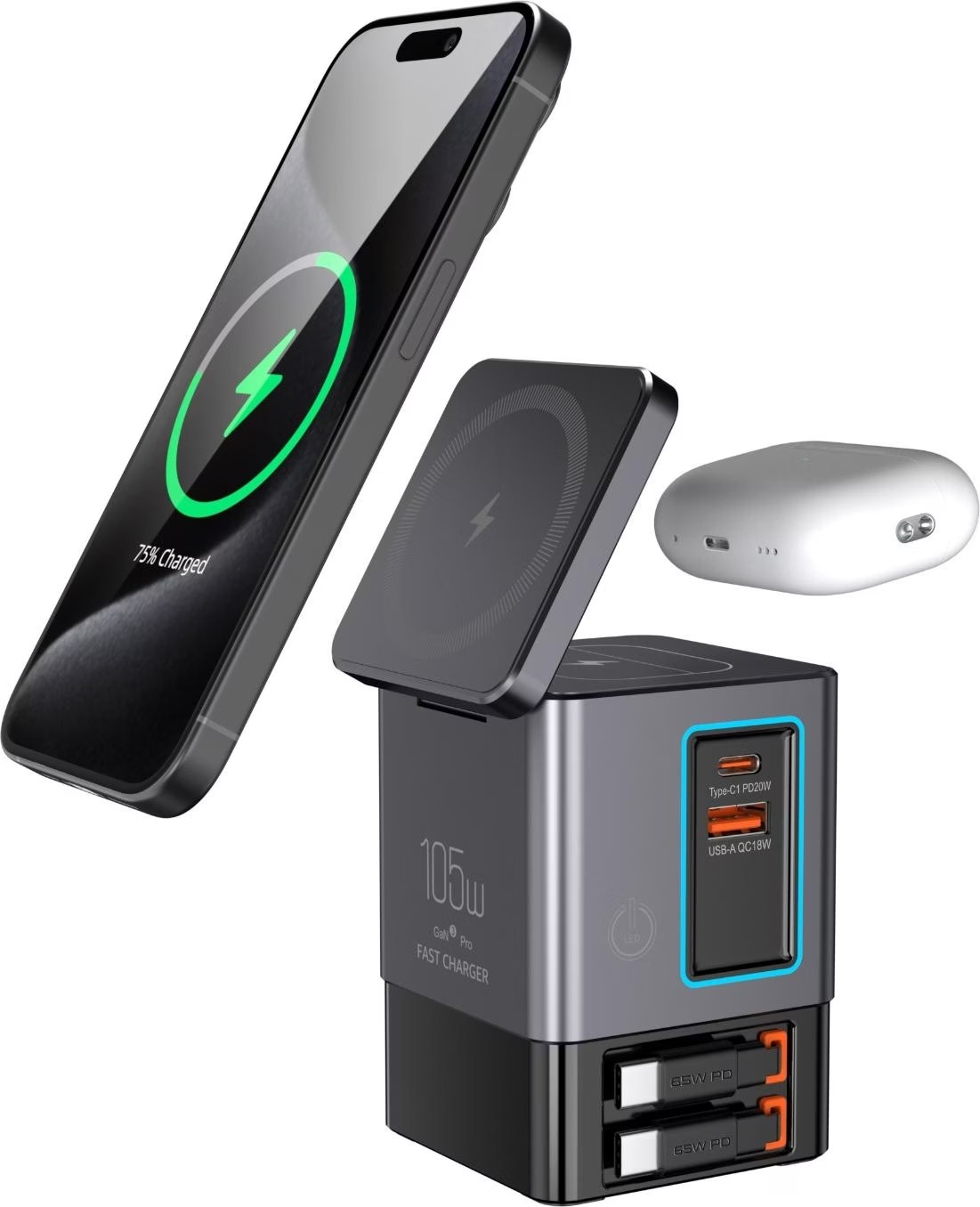 Nexoro 105W Ladegerät mit Wireless Charging und integrierten Kabeln